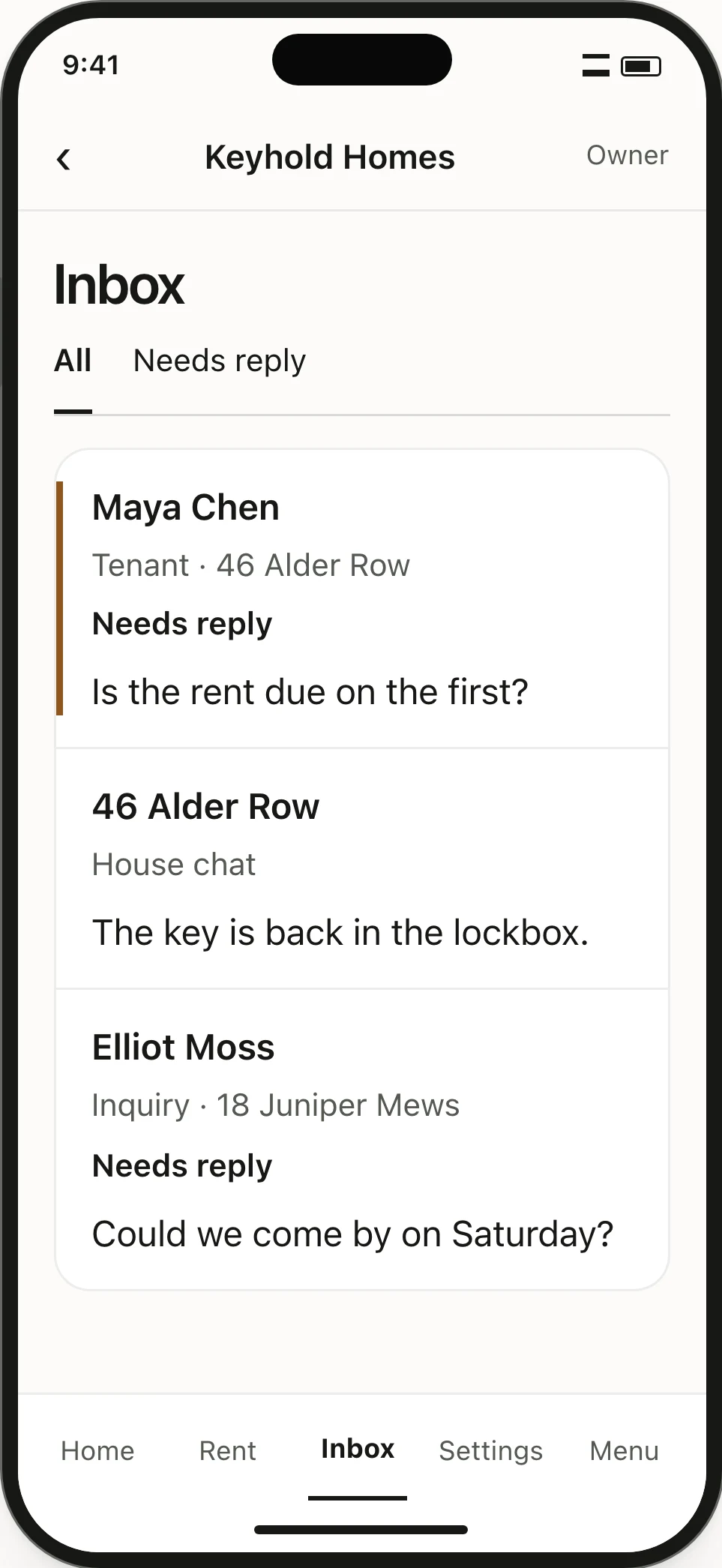 Inbox. A private tenant question, a house chat and a viewing inquiry appear together, with worded reply states.