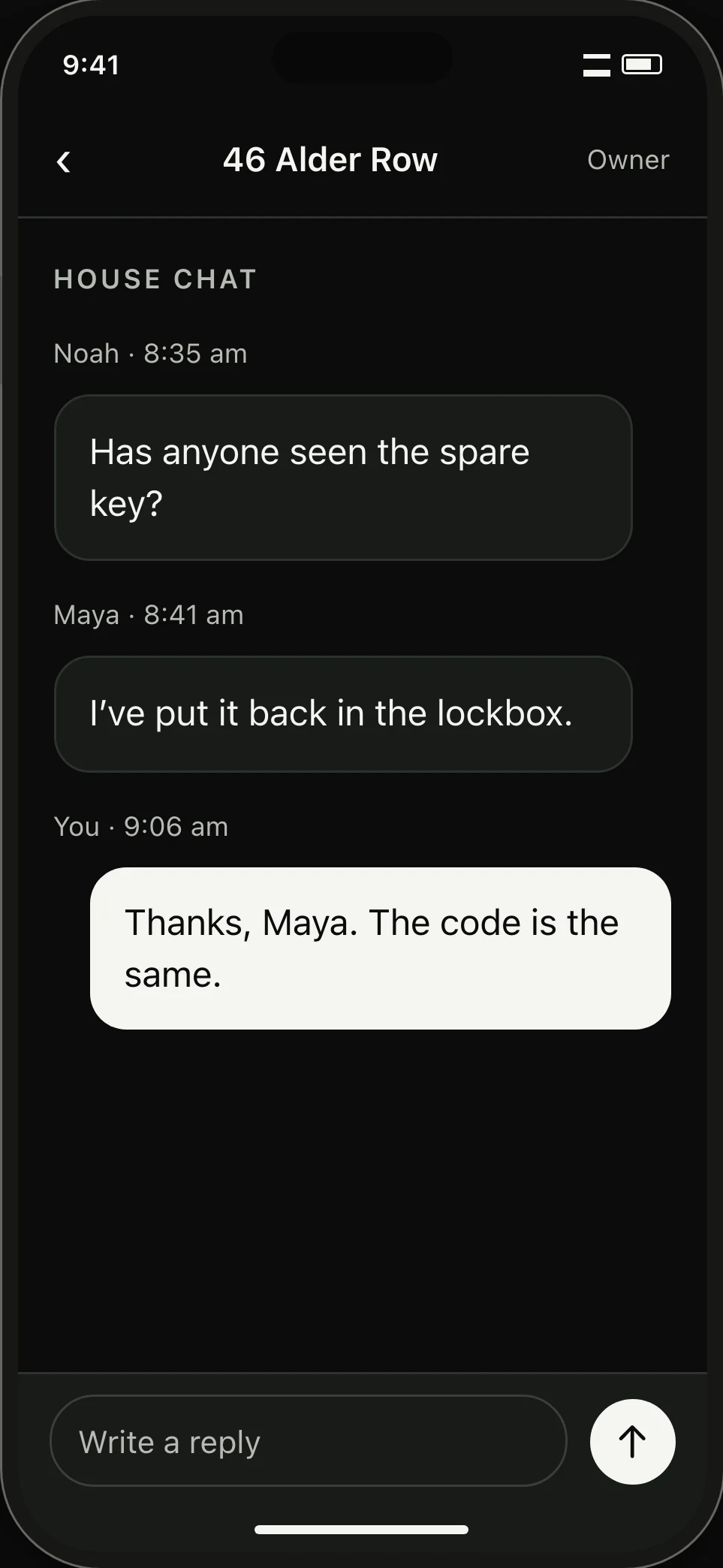 Household chat. Noah, Maya and their landlord exchange a note about the spare key.