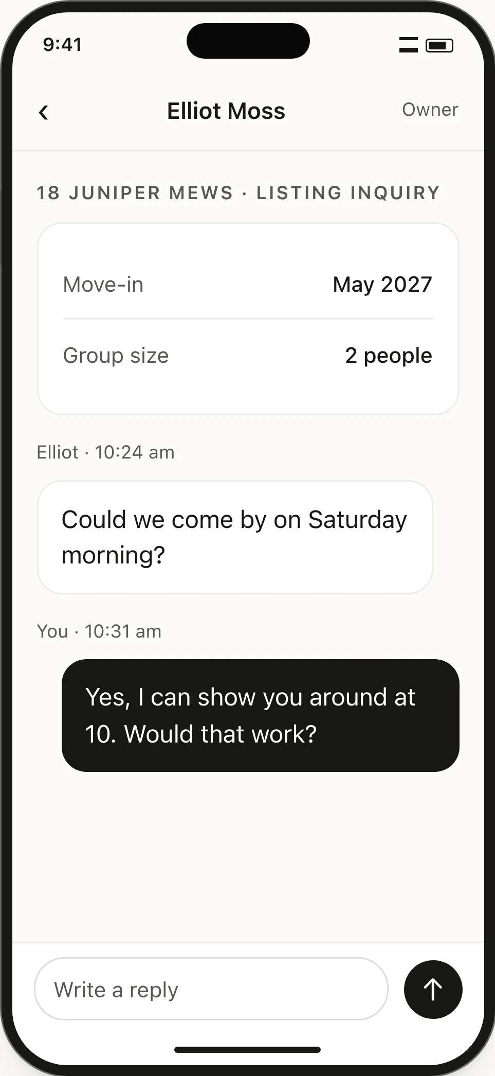 Viewing inquiry. The home, move-in timing, group size and conversation appear together.