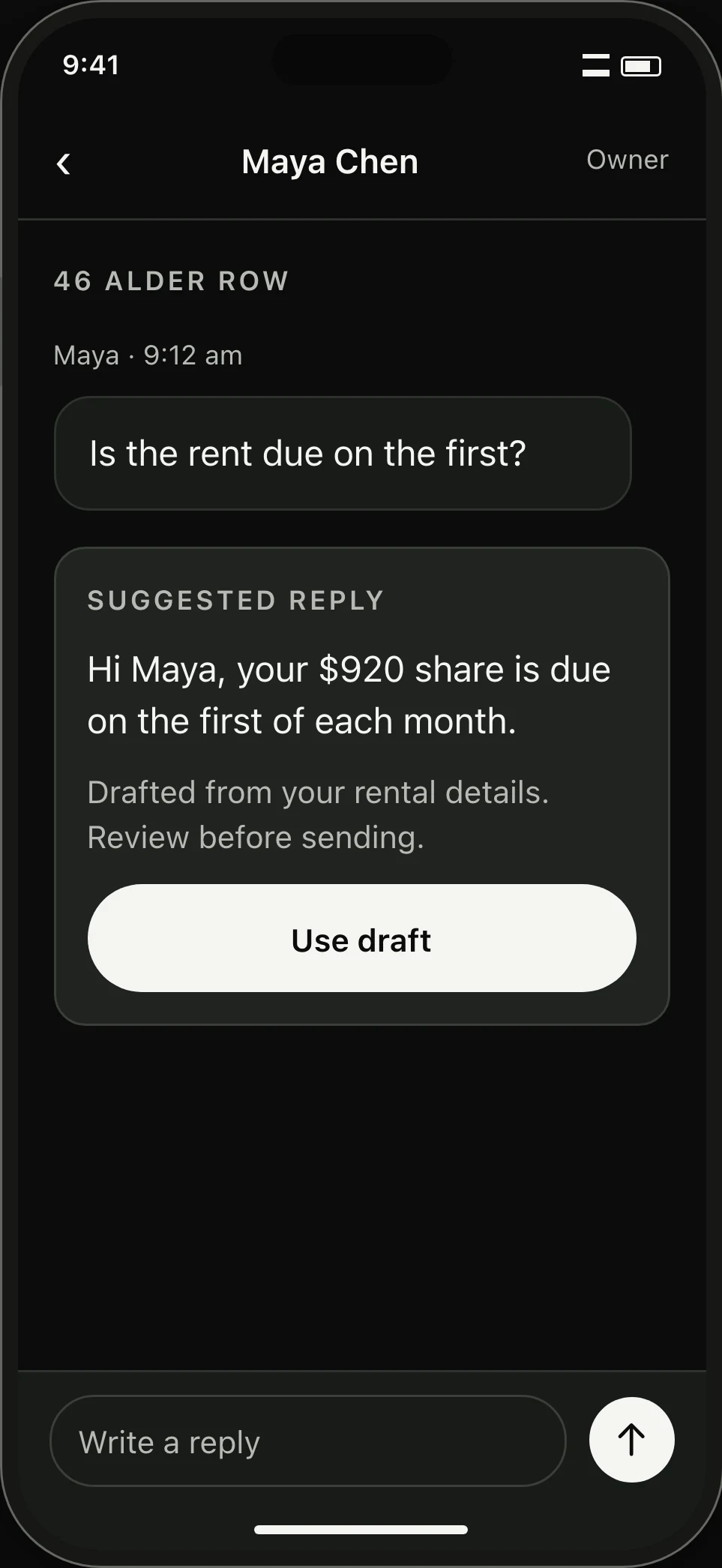 Reply draft for Maya. Her saved rent share is used in a suggested answer that awaits the owner’s review.