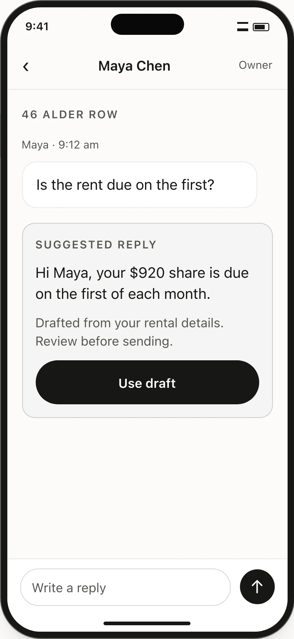 Reply draft for Maya. Her saved rent share is used in a suggested answer that awaits the owner’s review.