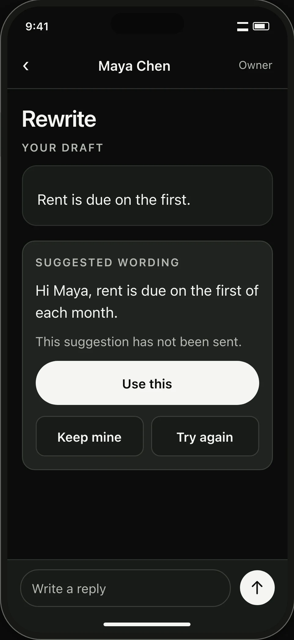 Rewrite comparison. The owner can use the suggestion, keep their draft or request another version.