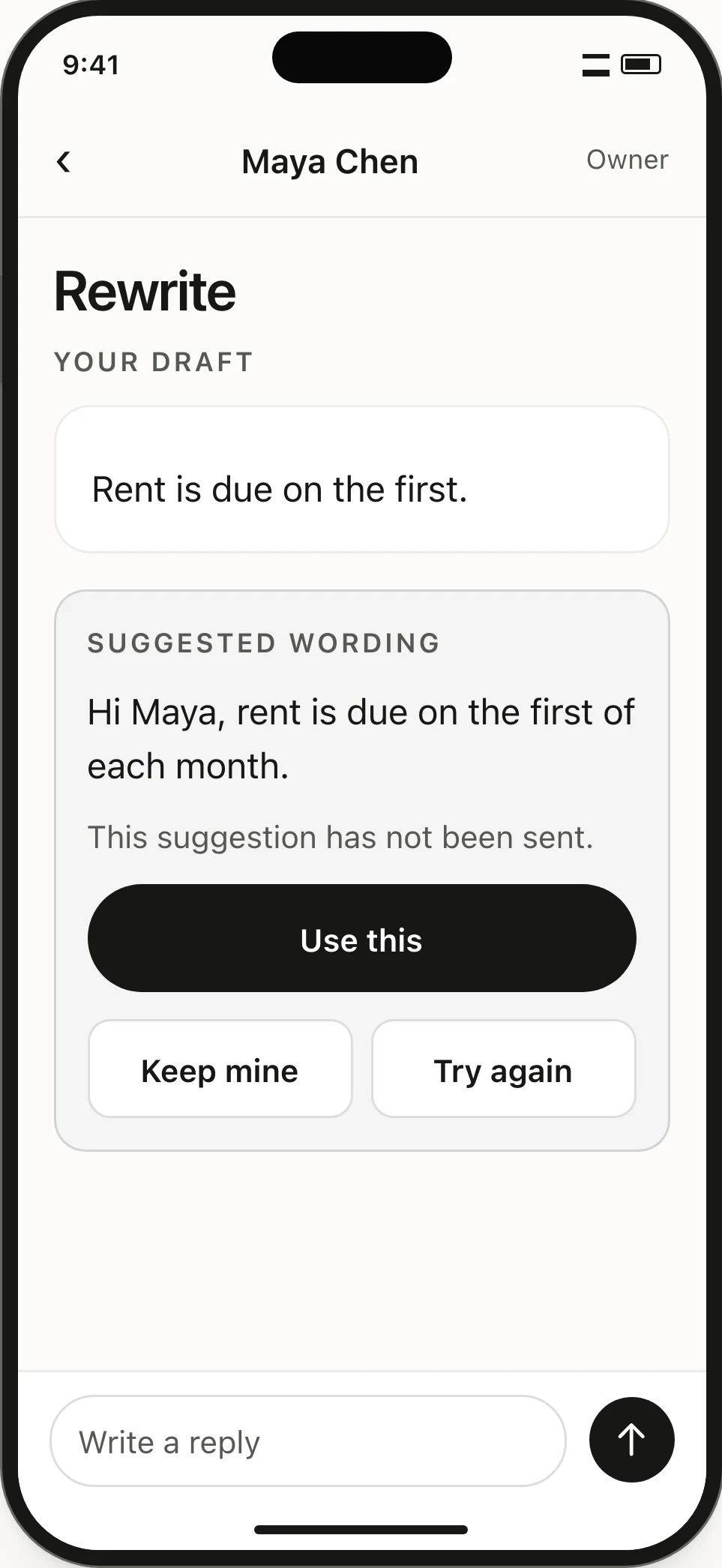 Rewrite comparison. The owner can use the suggestion, keep their draft or request another version.