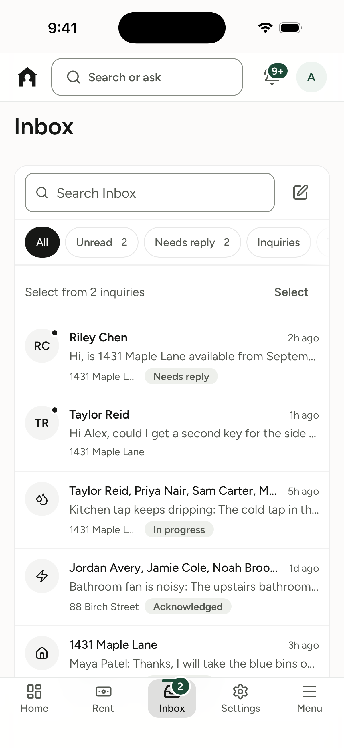 Keyhold on two phones: the owner home showing this month's rent, an overdue charge and a tenant waiting for a reply, the inbox behind it, and a Portfolio totals card with the year's spend by category.