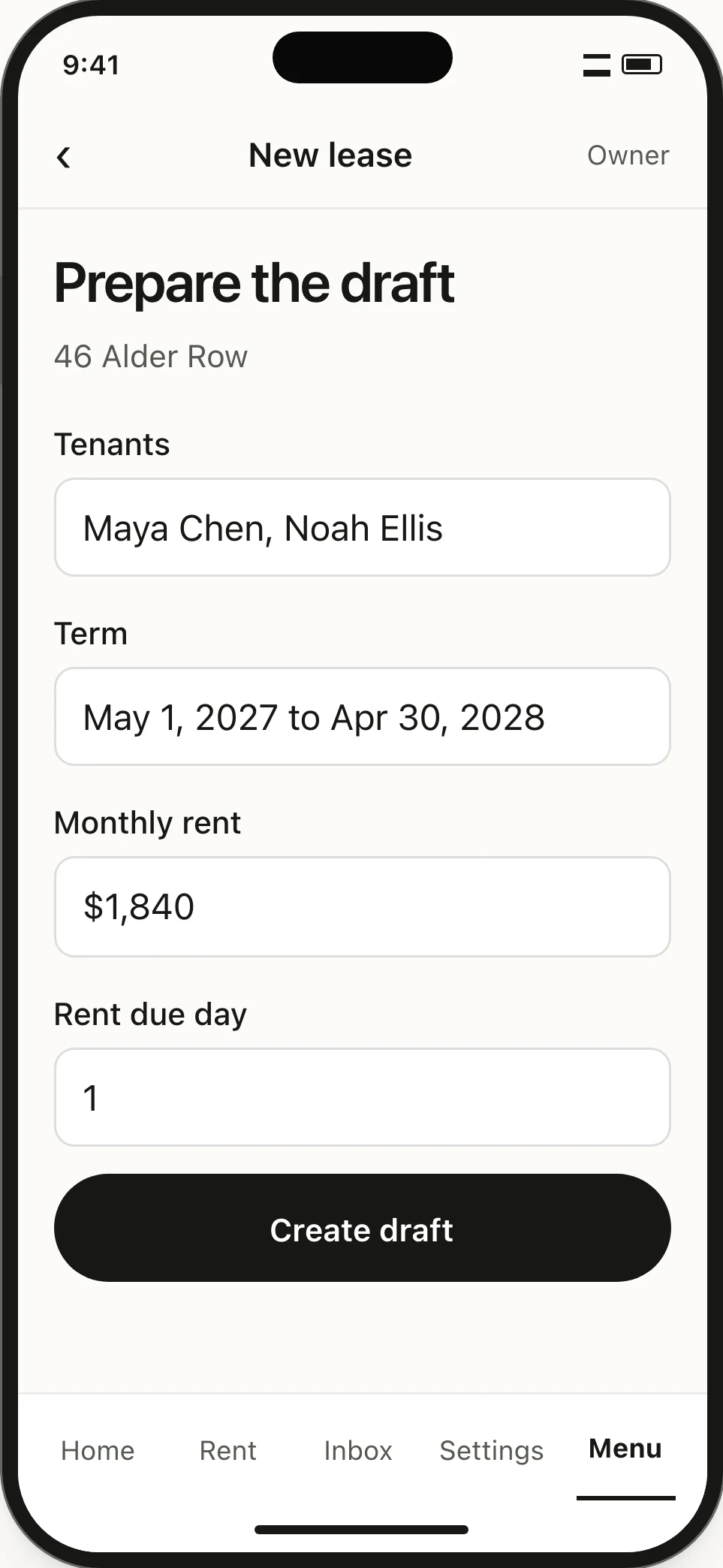 New-lease form populated from a tenancy: two tenants, the term, monthly rent and due day.