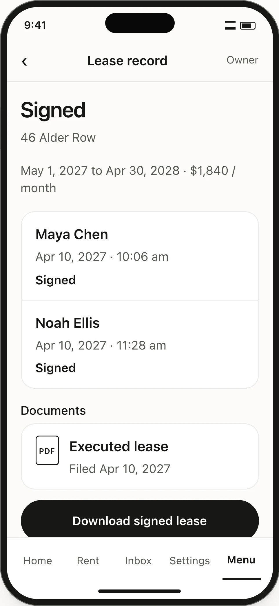 Completed lease record. Both tenants have signed, timestamps are retained and the executed copy is available in Documents.