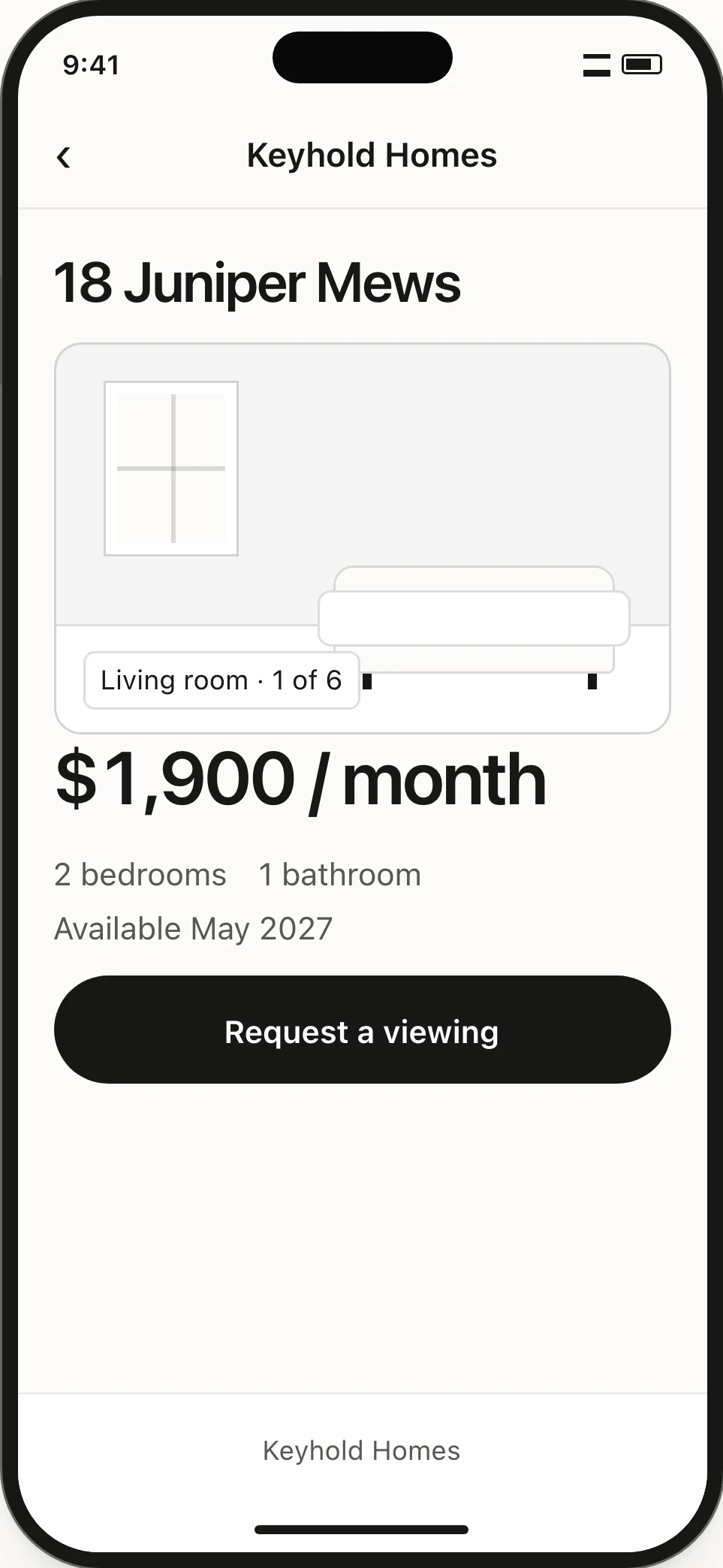 Public listing for 18 Juniper Mews. A schematic living-room gallery accompanies the rent, bedroom count and availability.