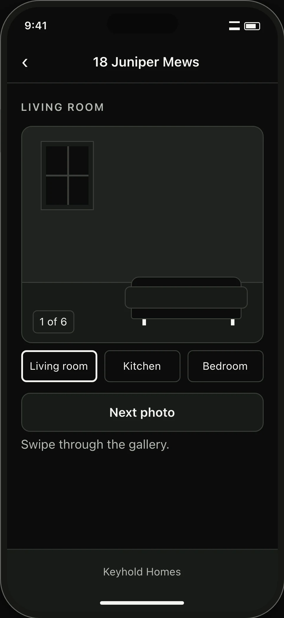 Listing gallery. A living-room view with room thumbnails and photo navigation.