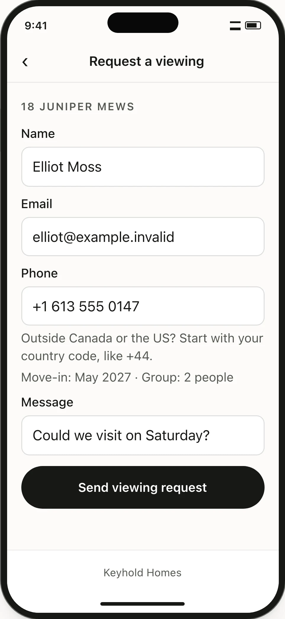 Viewing request with a name, email, telephone number, move-in month, group size and message.