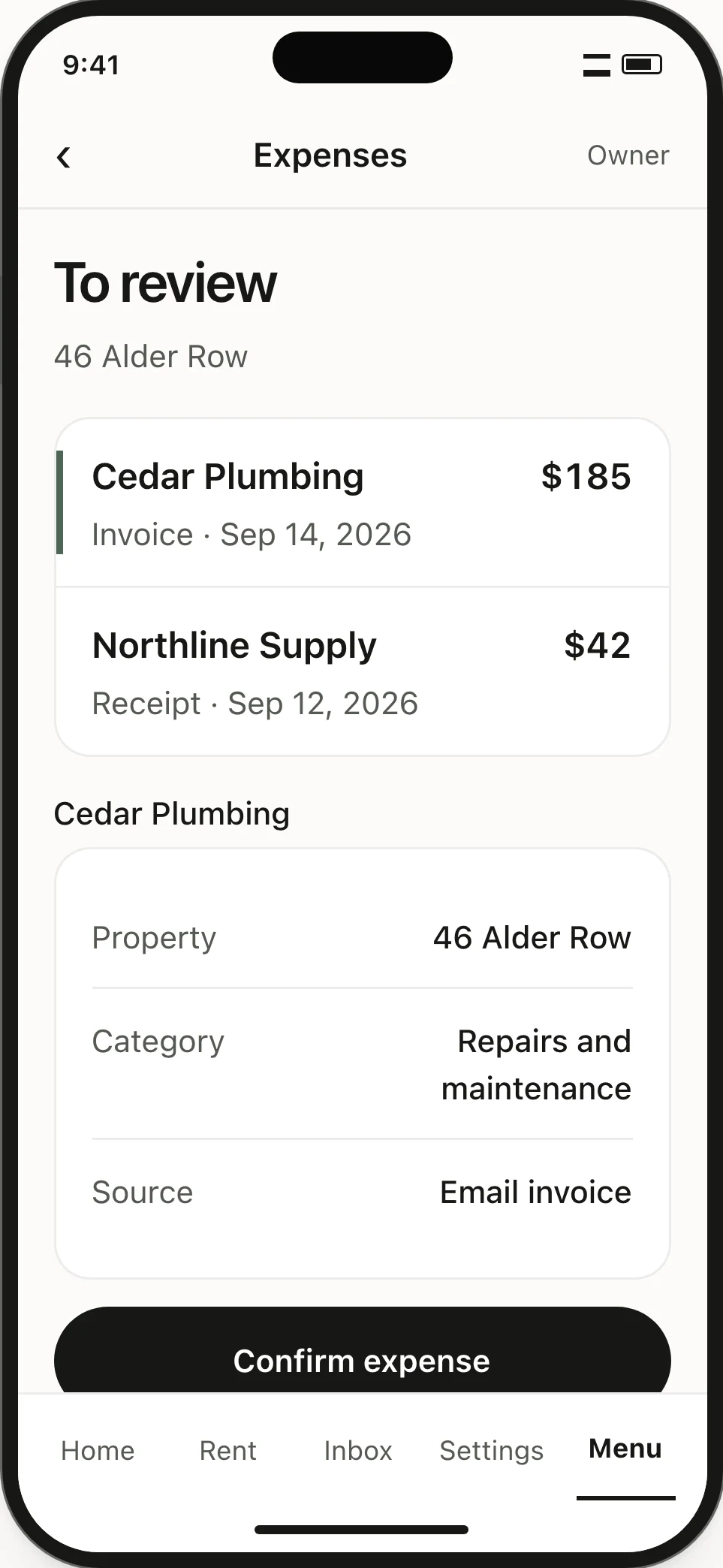 Expense review. Cedar Plumbing’s $185 invoice is selected, with its property and category visible before confirmation.