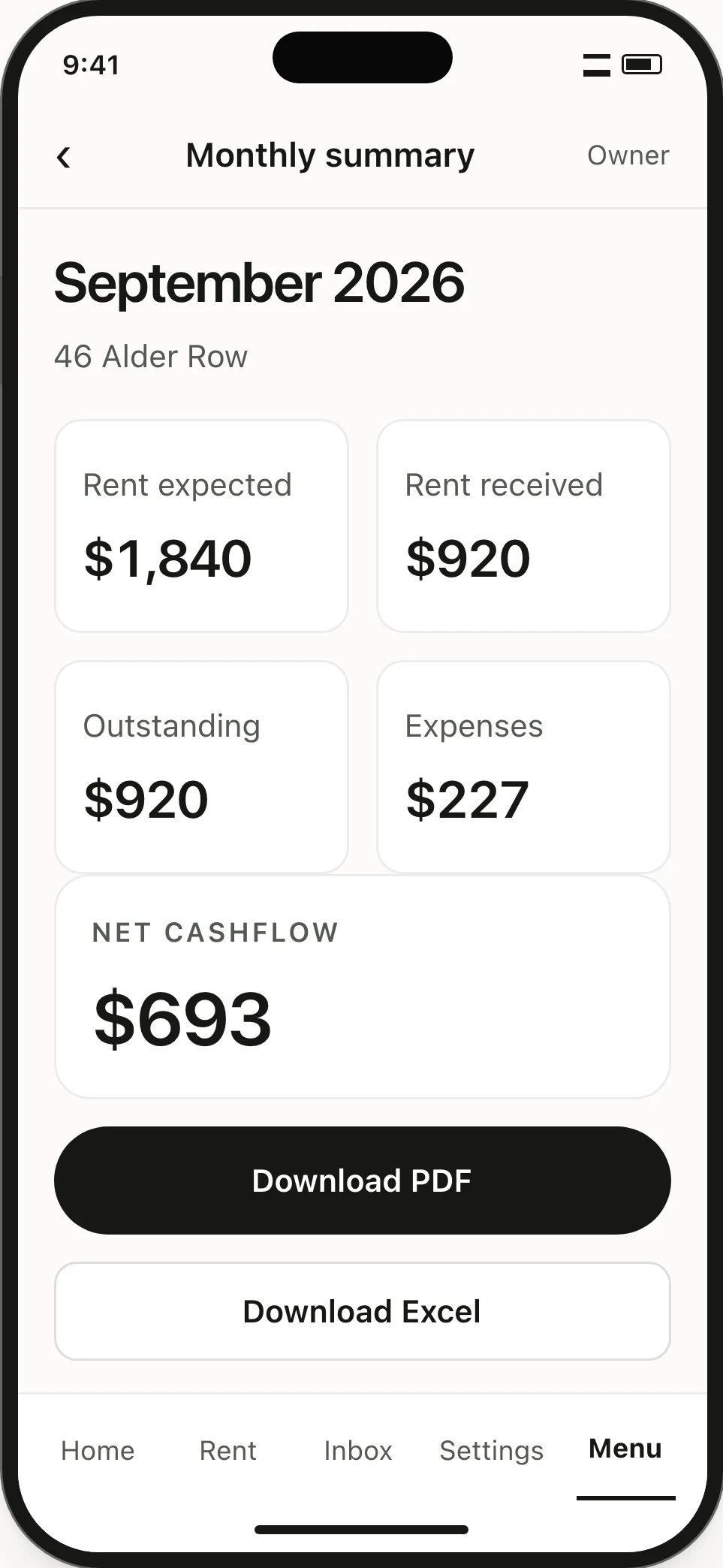 Monthly report. $920 received minus $227 in expenses gives $693 net cashflow, with another $920 outstanding.