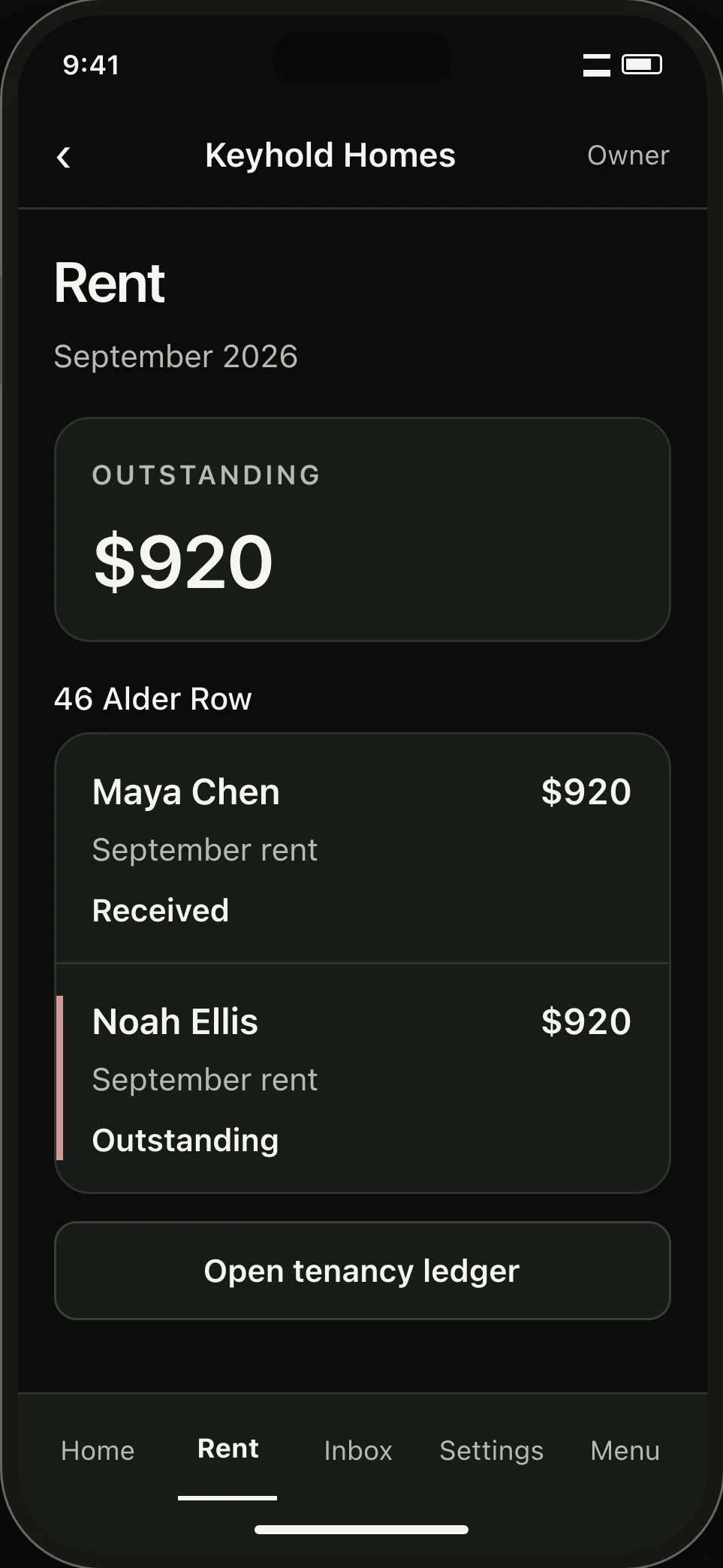 Rent for September at 46 Alder Row. Noah’s $920 is outstanding, and Open tenancy ledger sits below both payments.