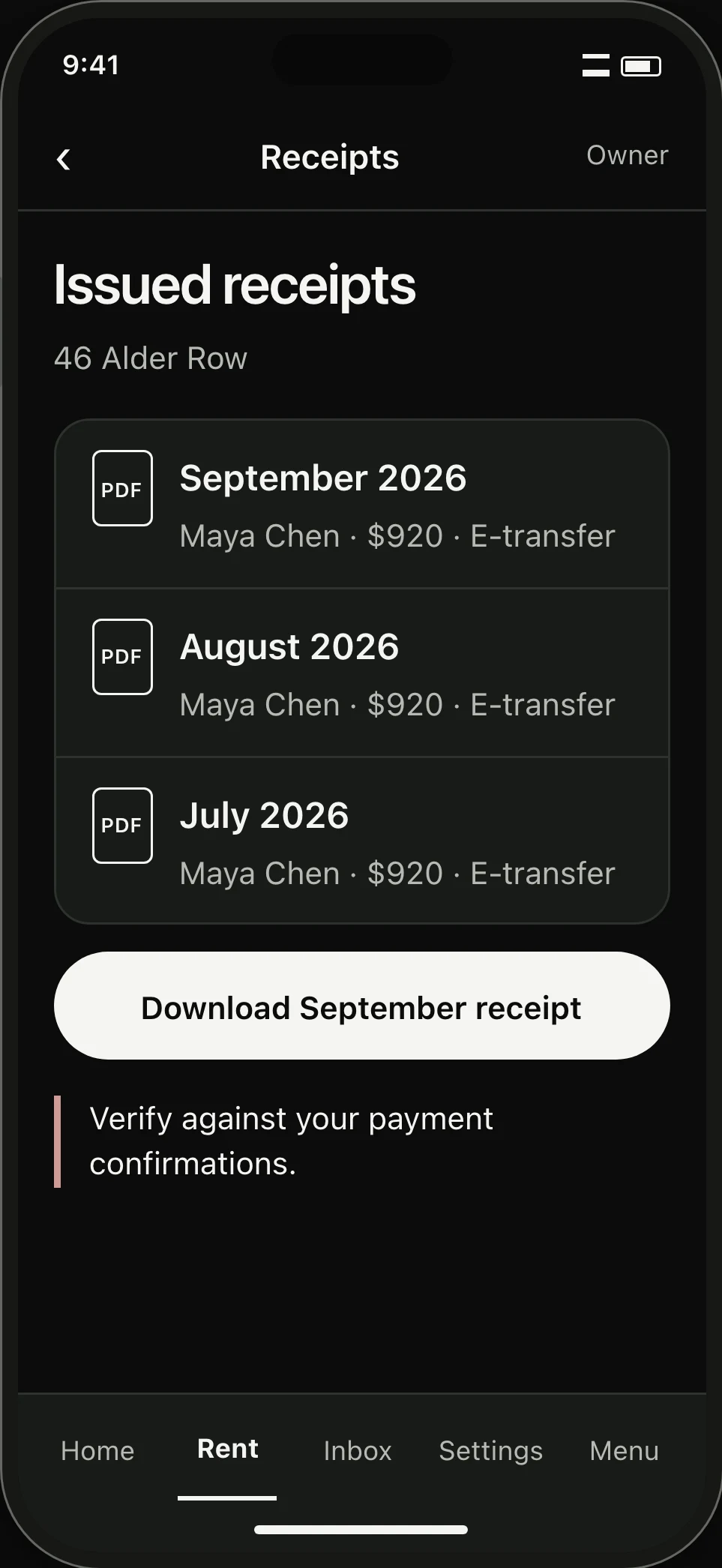 Receipt list. Maya has three monthly receipts of $920 and a PDF download for September.