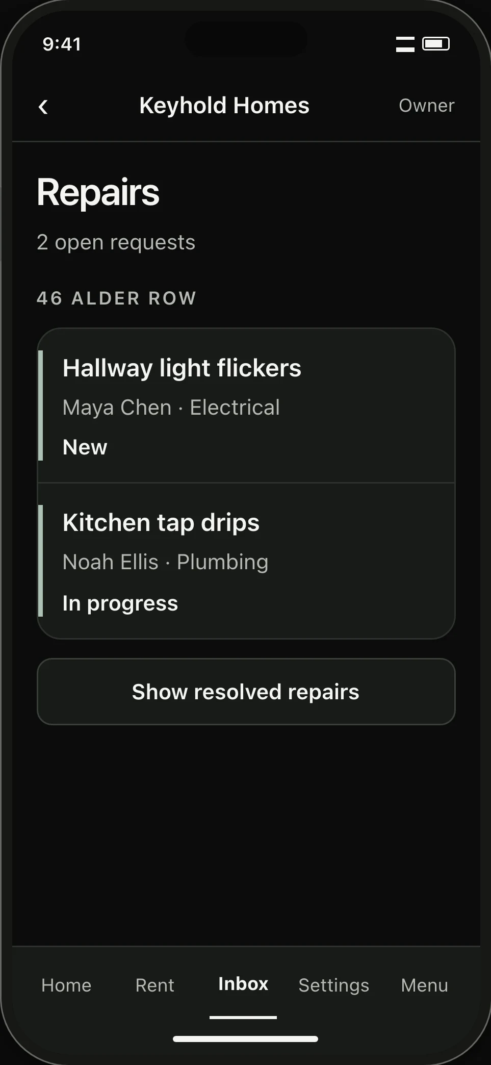Repairs list. Two requests at one home have distinct New and In progress states.